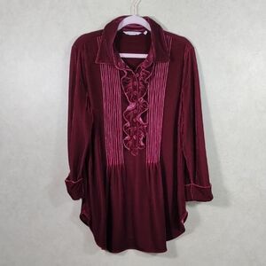 01142 Soft Surroundings maroon velvet pleats and ruffles half button blouse XL